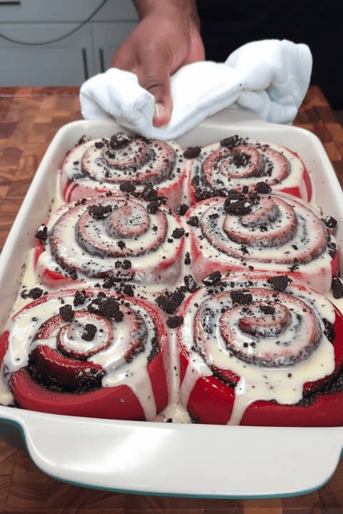 Giant Red Velvet Oreo Cinnamon Rolls with Vanilla Bean Frosting Recipe - ChefKennyeats
