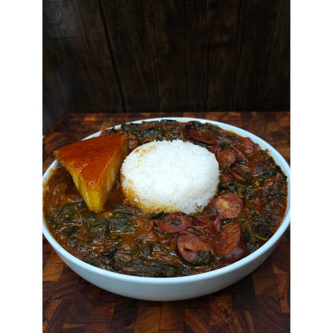 Southern-style gumbo greens with smoked turkey and andouille sausage