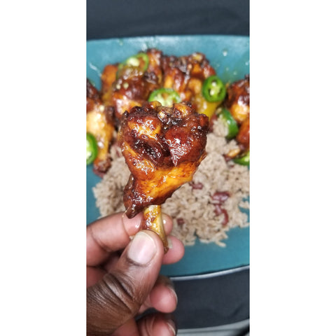 Mango Peach Wings with Rice and Peas